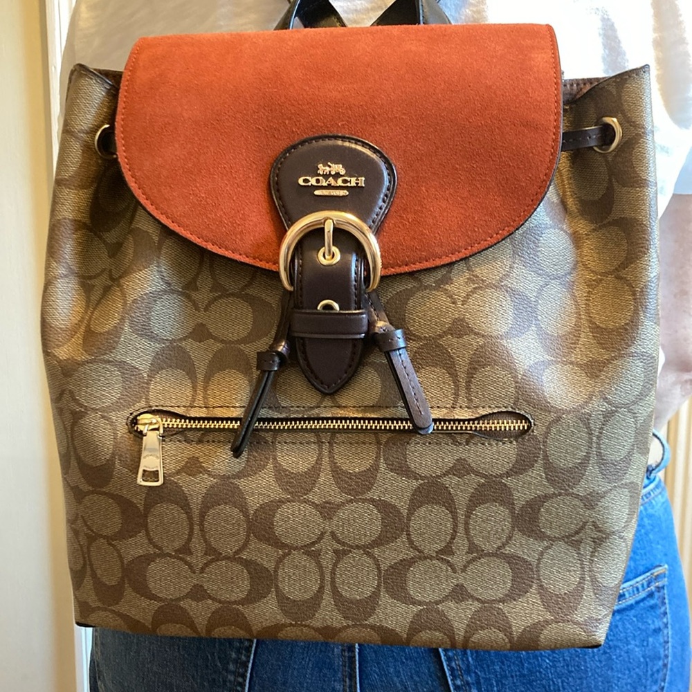 Coach Brown and Rust Signature Suede Kleo Monogram Backpack